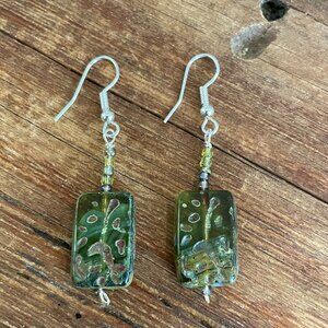 Green Glass Carved Earrings Dangle Fish Hook Boho Gypsy Fairy Faerie Medieval